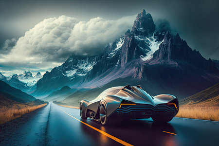futuristic car zooming past mountain range, with the peaks in the background, created with generative aiの素材