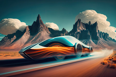 futuristic car zooming past mountain range, with the peaks in the background, created with generative aiの素材