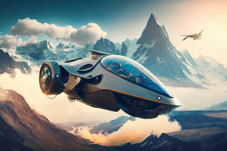 futuristic car flying above mountain range, with the peaks visible in the background, created with generative aiの素材