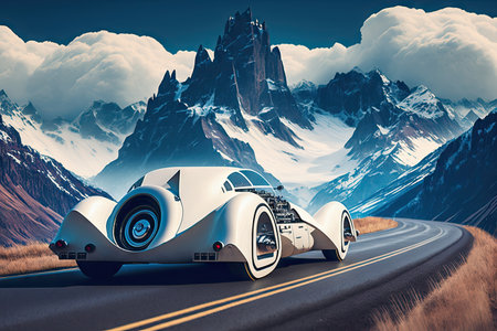 futuristic car drives past mountain range, with snow-capped peaks in the background, created with generative aiの素材