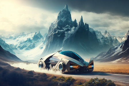 futuristic car drives past mountain range, with snow-capped peaks in the background, created with generative aiの素材