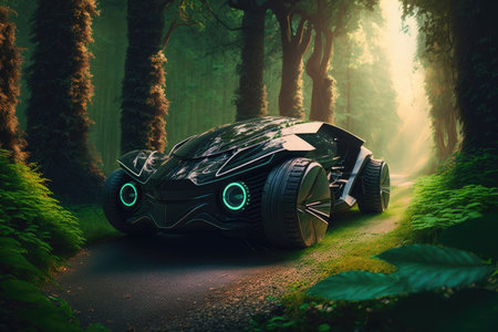 futuristic car is traveling through dense forest, with trees and greenery visible in the background, created with generative aiの素材