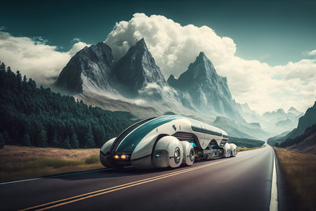 futuristic car travels on a smooth highway surrounded by mountains and greenery, created with generative aiの素材