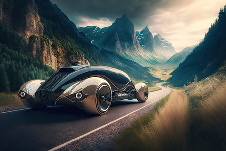 futuristic car travels on a smooth highway surrounded by mountains and greenery, created with generative aiの素材