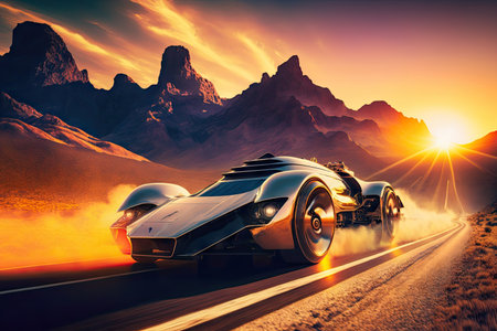 futuristic car speeding past mountain range, with the sun setting in the background, created with generative aiの素材