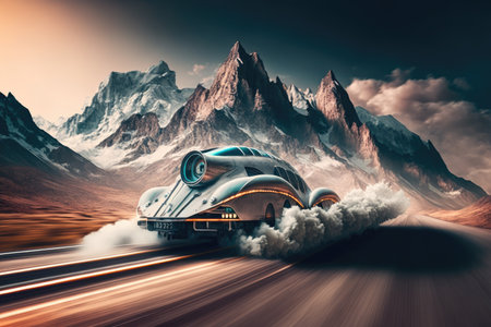 futuristic car speeding past mountain range, with the peaks in the background, created with generative aiの素材