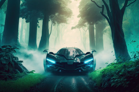futuristic car driving through lush forest, with majestic trees and mist in the air, created with generative aiの素材