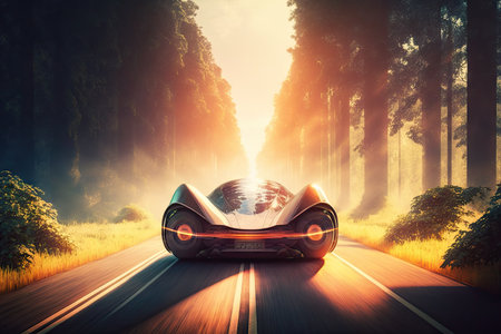 futuristic car speeding on highway, with the sun shining through the trees, created with generative aiの素材