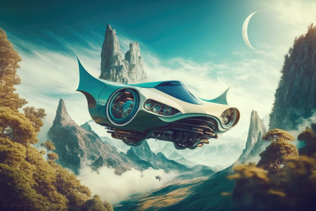 futuristic car flies over mountains, surrounded by greenery and clear blue sky, created with generative aiの素材