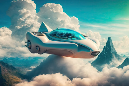 futuristic car flies above the clouds in a blue sky, with mountains and rivers below, created with generative aiの素材