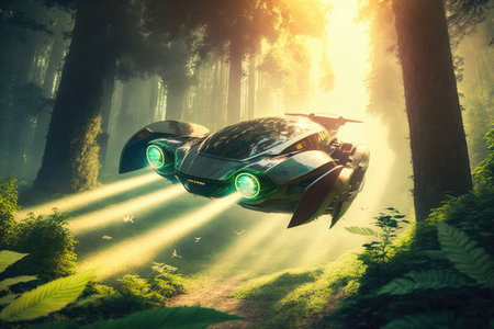 futuristic car, flying above a lush forest, with sunlight shining through the trees, created with generative aiの素材