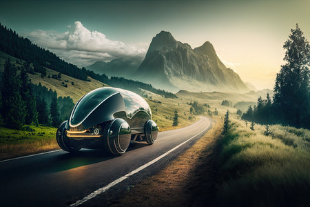 futuristic car traveling on a windy mountain road, with the view of rolling hills and tall trees, created with generative aiの素材