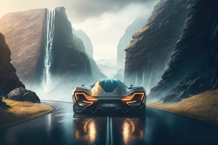 futuristic car drives on misty mountain highway overlooking towering cliffs and waterfalls, created with generative aiの素材