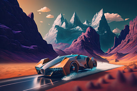 futuristic car speeding past mountain range, with tall peaks in the background, created with generative aiの素材