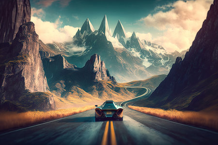 futuristic car driving on scenic mountain road, with towering peaks in the background, created with generative aiの素材