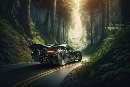 futuristic car on winding road through dense forest, created with generative aiの素材