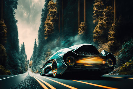 futuristic car speeding on highway with forest in the background, created with generative aiの素材