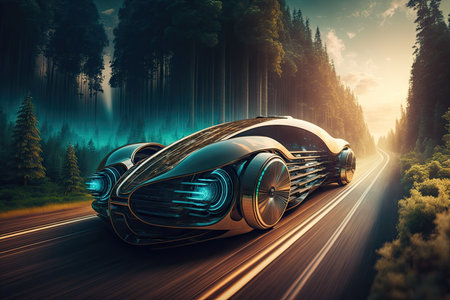futuristic car speeding on highway with forest in the background, created with generative aiの素材