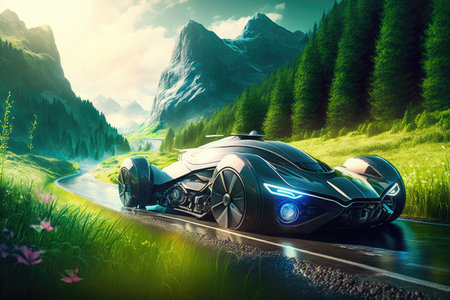 futuristic car speeding on a highway surrounded by lush greenery, with mountains in the background, created with generative aiの素材