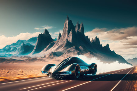 futuristic car speeding past mountain range, with the peaks visible in the background, created with generative aiの素材