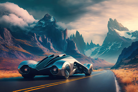 futuristic car with sleek design and futuristic technology on serene mountain road, surrounded by majestic peaks, created with generative aiの素材