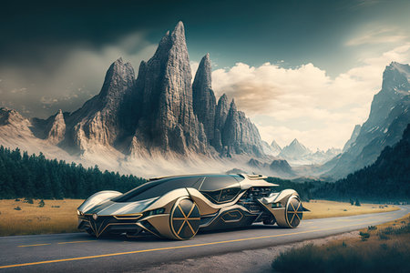 futuristic car with sleek design and futuristic technology on serene mountain road, surrounded by majestic peaks, created with generative aiの素材