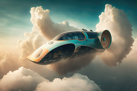 futuristic car flying through the air surrounded by clouds, showing off its advanced technology, created with generative aiの素材