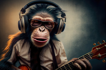 musician monkey, playing guitar and singing with headphones on, created with generative aiの素材