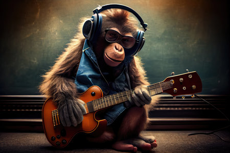 musician monkey, playing guitar and singing with headphones on, created with generative aiの素材