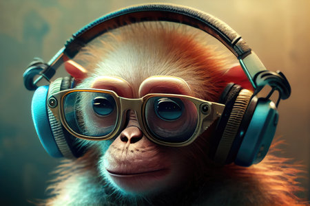 close-up of funny monkeys face, with headphones and sunglasses in place, created with generative aiの素材