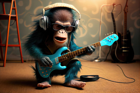 funny monkey in studio, playing electric guitar with headphones on, created with generative aiの素材