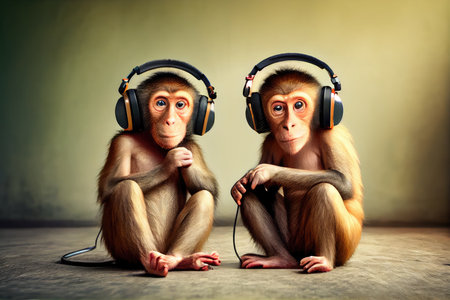 pair of monkeys, each wearing unique pair of headphones and tapping their feet to different beat, created with generative aiの素材