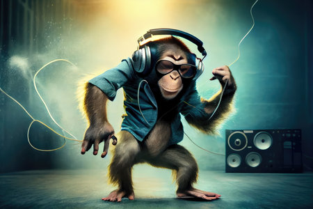 funny monkey dancing to the beat of its favorite tunes, wearing stylish headphones, created with generative aiの素材