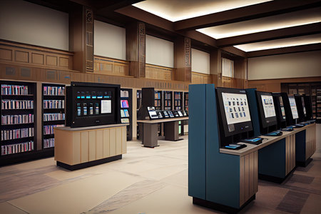 high-tech library with touchscreens and holographic displays, featuring advanced cataloging and checkout systems, created with generative aiの素材