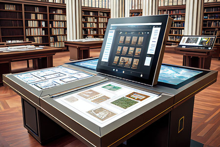 high-tech library with touchscreens and holographic displays, featuring advanced cataloging and checkout systems, created with generative aiの素材