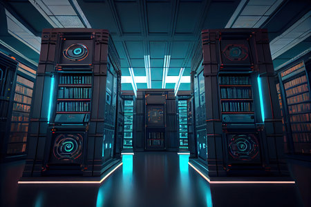 futuristic library data center with interactive gaming and vr technology for a new learning experience, created with generative aiの素材