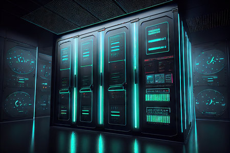 data center with holographic displays and touch controls, created with generative aiの素材