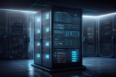 data center with holographic displays and touch controls, created with generative aiの素材