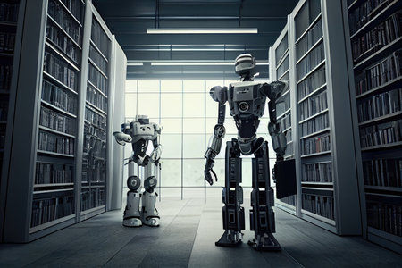 futuristic library data center with robots assisting patrons and retrieving books, created with generative aiの素材