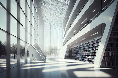 futuristic library with glass walls and minimalist design, showcasing advanced technologies, created with generative aiの素材
