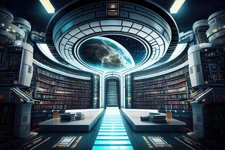 futuristic library, with enormous data center and a range of high-tech equipment, created with generative aiの素材