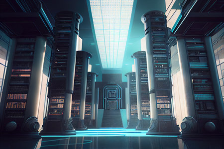 futuristic library, with enormous data center and a range of high-tech equipment, created with generative aiの素材