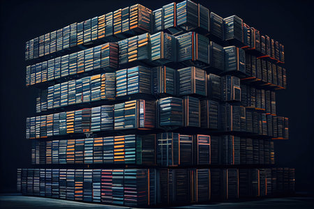 view of futuristic library, with towering bookcases and sleek technology, created with generative aiの素材