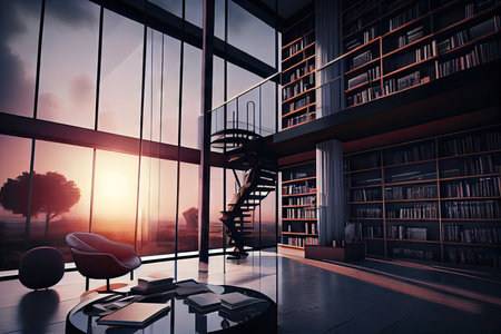 high-tech library with glass walls and sleek furniture, providing a stunning view of the book stacks, created with generative aiの素材