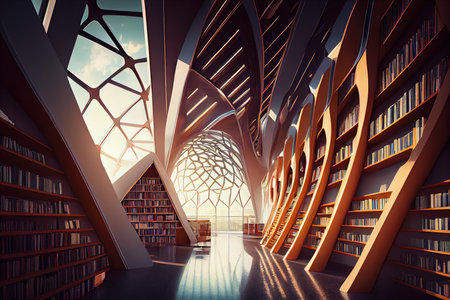 a futuristic library, with towering bookshelves and high-tech gadgets, providing a warm and inviting space for learning, created with generative aiの素材