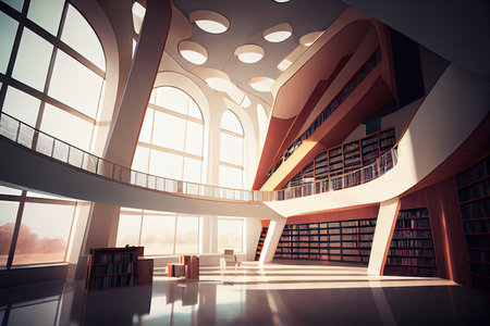 present-day library, surrounded by modern and sleek architecture, ready for the future, created with generative aiの素材