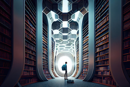 person, searching for the perfect book, in futuristic library data center, created with generative aiの素材