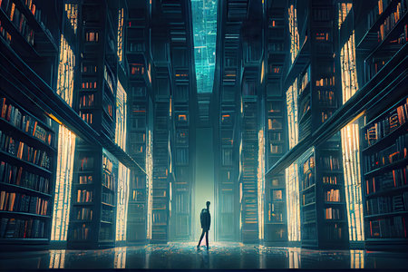 person, searching for the perfect book, in futuristic library data center, created with generative aiの素材
