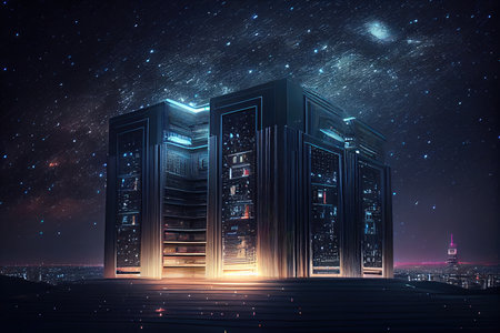 futuristic library data center, with view of the starry night sky and futuristic cityscape visible in the background, created with generative aiの素材