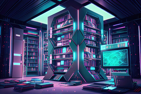 futuristic library with futuristic computers and holographic displays for accessing vast amounts of information, created with generative aiの素材